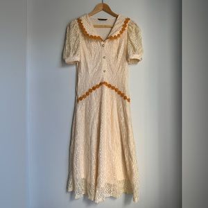 Button Front Puff Sleeve Lace Overlay Dress - SHEIN